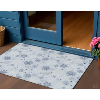 3' X 5' Sky Blue Navy Blue And Ivory Snowflake Washable Indoor Outdoor Area Rug
