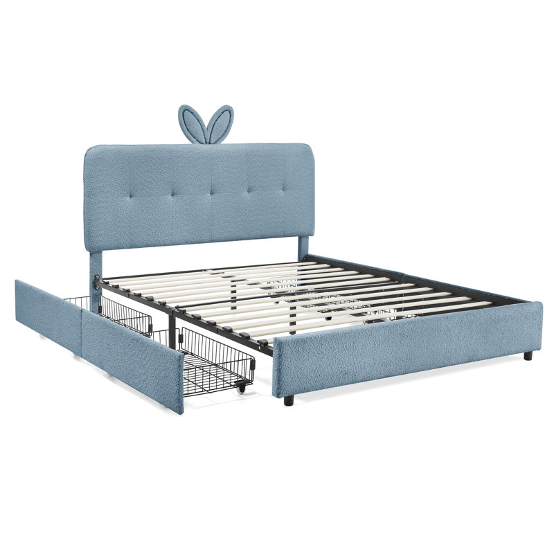 Grand lit tapissier pour enfant avec tête de lit surdimensionnée pour oreilles de lapin, lumière DEL et 4 tiroirs de rangement, tissu bouclé (84,5 po x 62,75 po x 41 po)