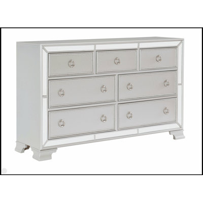 Commode 7 tiroirs à finition argentée glamour avec garniture de miroir biseautée pour les chambres à coucher modernes