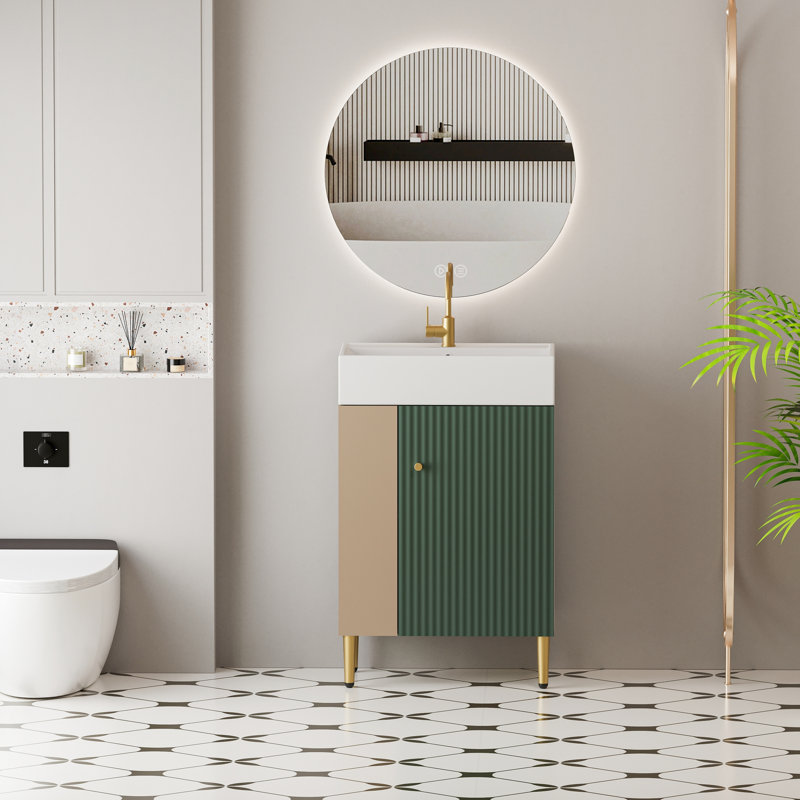 Meuble-lavabo de 21,6 po avec lavabo et porte en céramique, rangement à gauche pour tablette ouverte, lavabo pour vestiaire 24Vb06-21Lvl, armoire, rangement pour