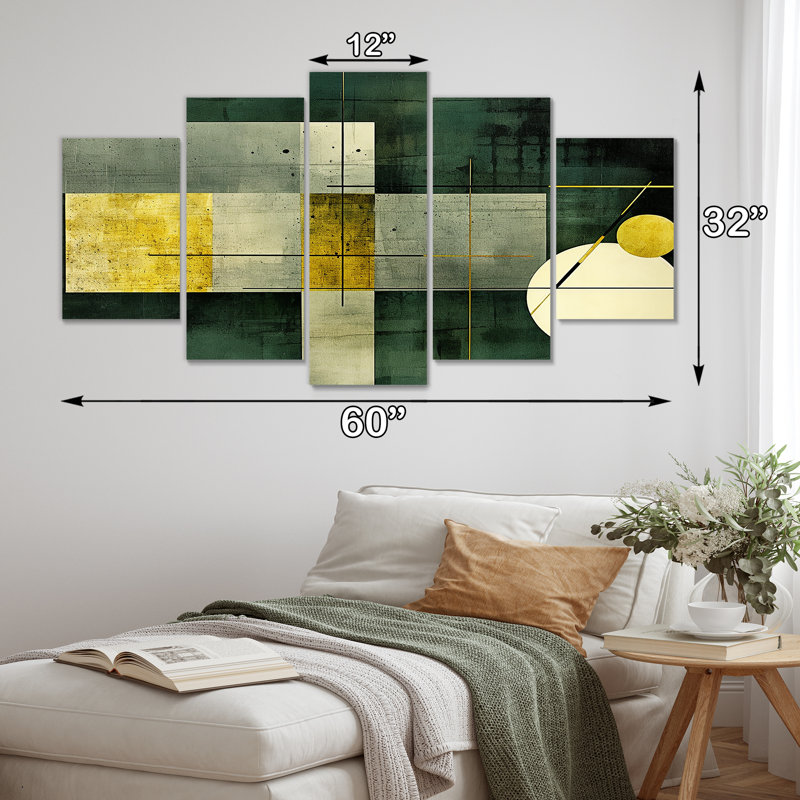 Ensemble de 5 art géométriques rétro vert blanc or - vagues modernes abstraites, H 32 po x l 60 po