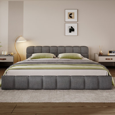 Soft Grey Bed With Chenille Upholstery And Checkerboard Design, King Size, Wood Frame For Bedroom Peaceful Place Upholstery, Design On Headboard, Luxury
