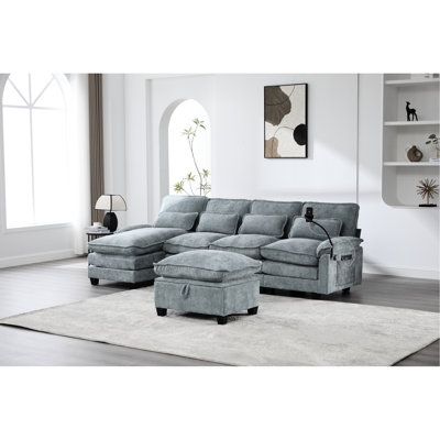 4 Seat U - Shaped Chenille For Living Room, 106" Shape Sectional Cloud Couch, Soft Breathable Upholstery, High Density Sponge Cushion, Solid Wood Frame, Built In +Type C Charging, Phone Holder,