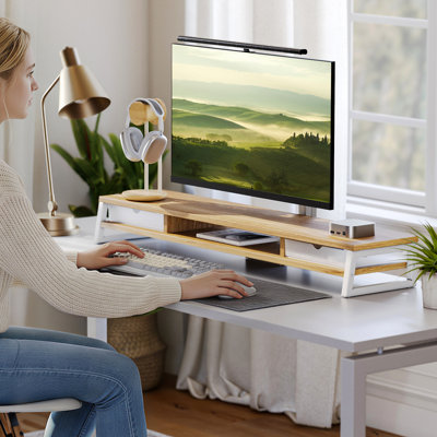 Support pour écran double, tablette de bureau 42,5 po avec 2 tiroirs, chêne foncé