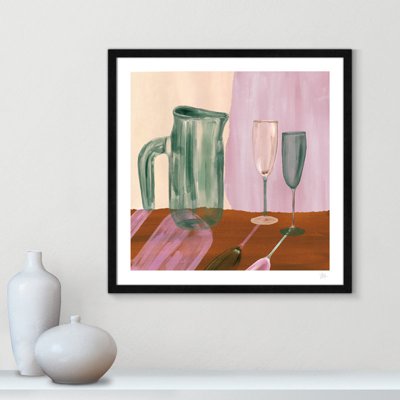 «Jug and Champagne Flutes Print» par Violets Print House, L 23,5 po x H 23,5 po, Impression encadrée, Grain de bois noir
