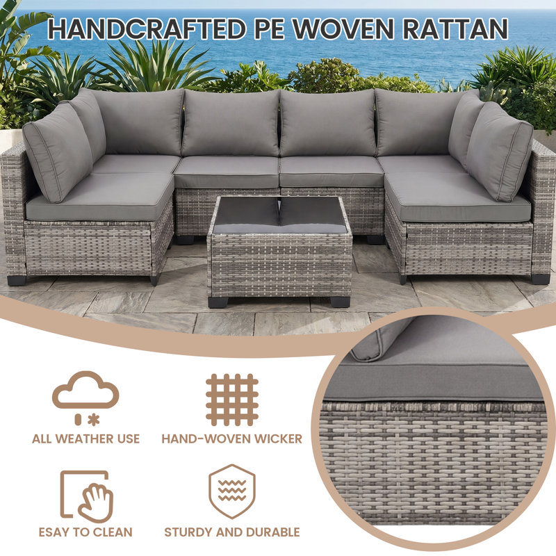 6-Person Outdoor PE Rattan Patio Conversation Set | All-Weather Wicker Sofa with 3'' Thick Cushions & Glass Coffee Table for Garden/Deck/Poolside