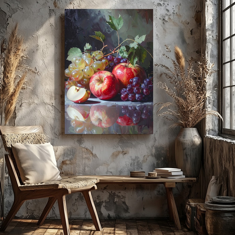 Art mural sur toile, fruits dramatiques, nature morte, pommes rouges, raisins et reflets brillants, prêt à accrocher