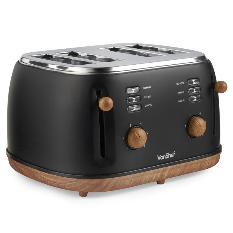Vonshef 4 Slice Toaster - Nordic Matte Black Design, 6 Browning Settings, Wide Slots, Defrost, Reheat And Cancel Functions, Removable Crumb Tray, High Lift Lever & Cord Storage