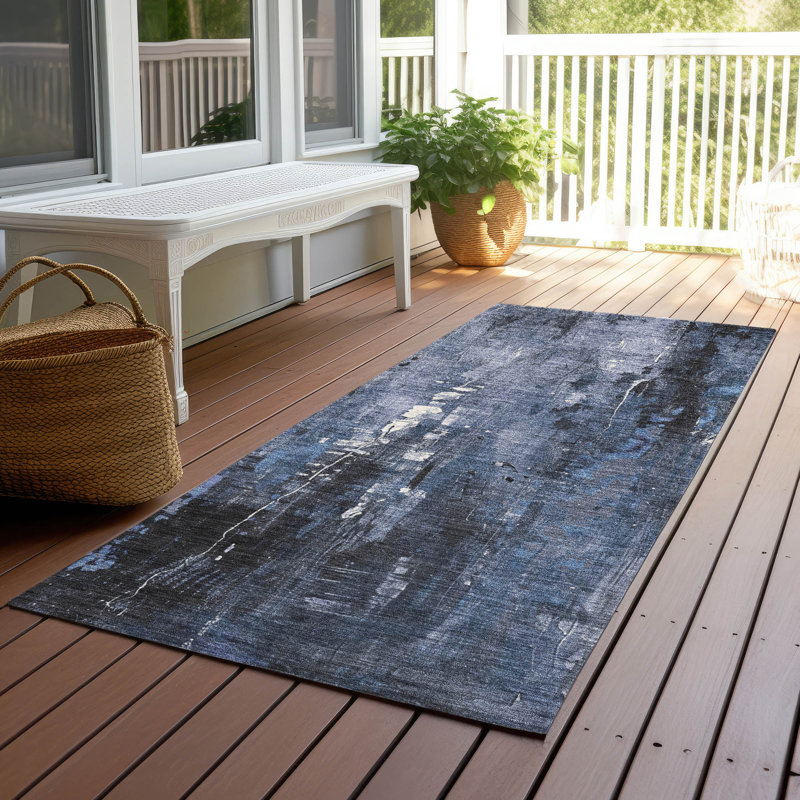 Machine Washable Indoor/Outdoor Cinead ACN1683 Blue Rug, Runner 2'3" x 7'6"