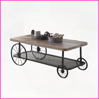 Rustic Oak & Antique Gray Coffee Table for Living Room with Open Storage Shelf & Industrial Wheels by Latitude Run