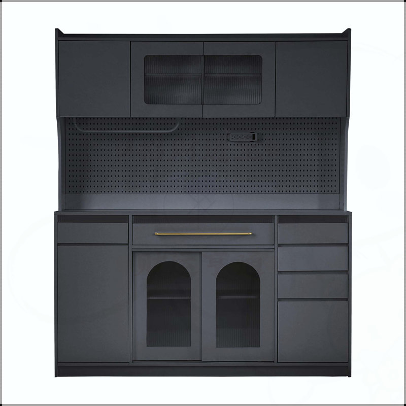 Buffet autoportant de 63 po de largeur avec huche, grand rangement pour bar à café, 6 tiroirs, 5 armoires, tablettes réglables, panneau perforé, porte-serviettes, prise de courant