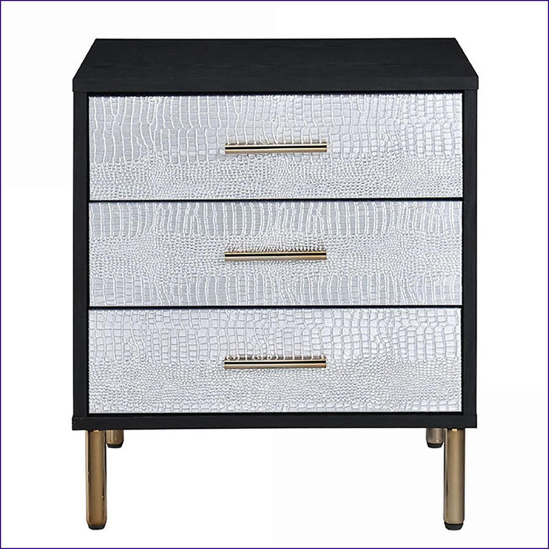 Table de chevet 3 tiroirs noire / argentée / dorée avec pieds en métal