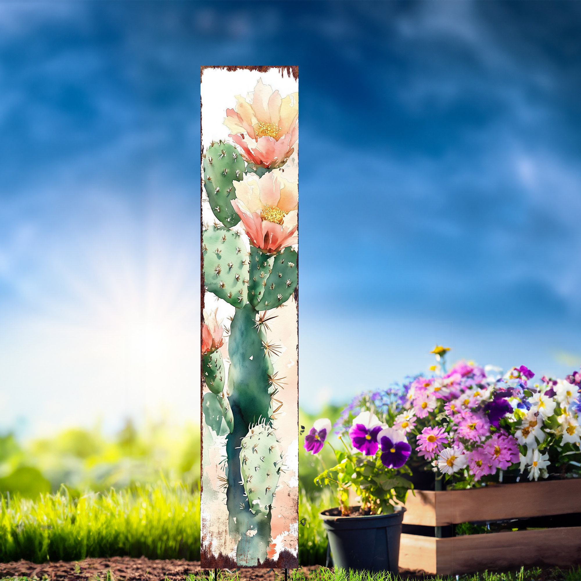 Rustic Cactus Sign Dakota Fields 42in Summer Cactus Wooden Garden Stake Sign | Watercolor ...