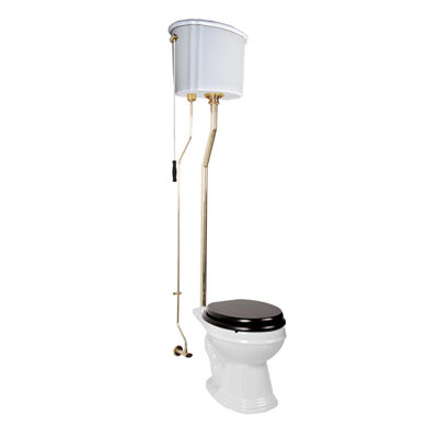 Victorian High Tank Pull Chain Toilet – Antique Style Round Bowl, 1.6 GPF Gravity Flush, Wall Mounted Tank with Brass Pipe (Seat Not Included)