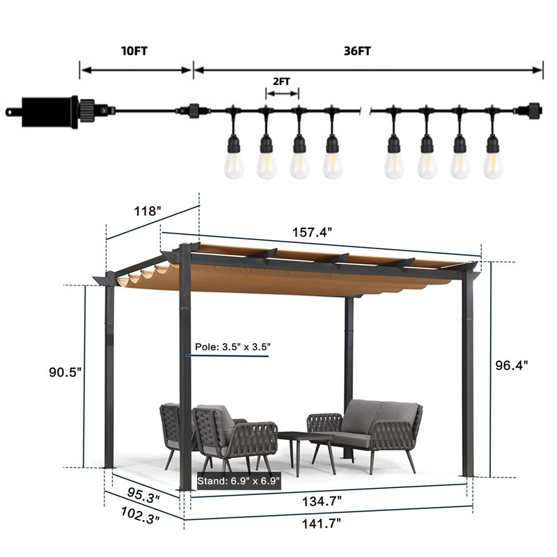 13 Ft. W x 10 Ft. D Metal Pergola with Canopy, Beige