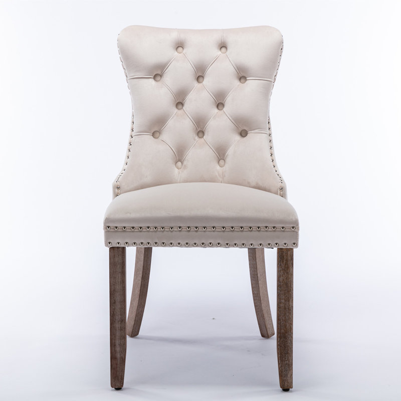 Chaise à dossier haut en bois massif - Coussin moelleux rebond, garniture de rivet, assemblage facile, Naturel, Beige