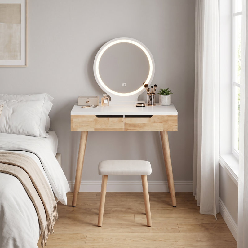 Rowell Vanity Table Set with 3 Modes Adjustable Brightness Mirror and Free Make-up Organizer