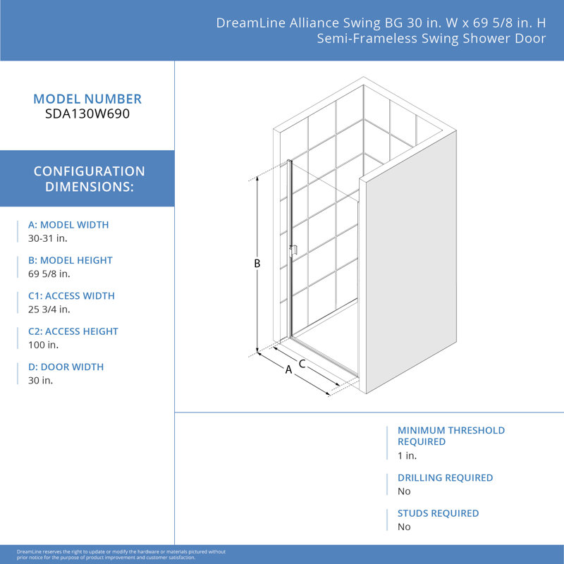 Brushed Nickel Semi-Frameless Swing Shower Door with Rain Glass
