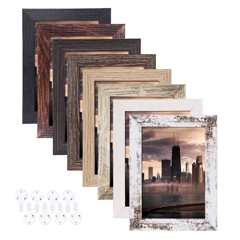 Ensemble de 8 cadres photo 5 x 7, cadres photo rustiques multicolores, formats vertical et horizontal pour suspendre au mur et exposer sur une table