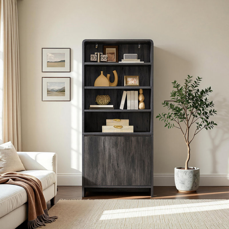 Bibliothèque moderne Dulane à 6 niveaux, 180 cm (H) x 81 cm (L), avec 2 portes, étagères réglables et bords arrondis, noire.