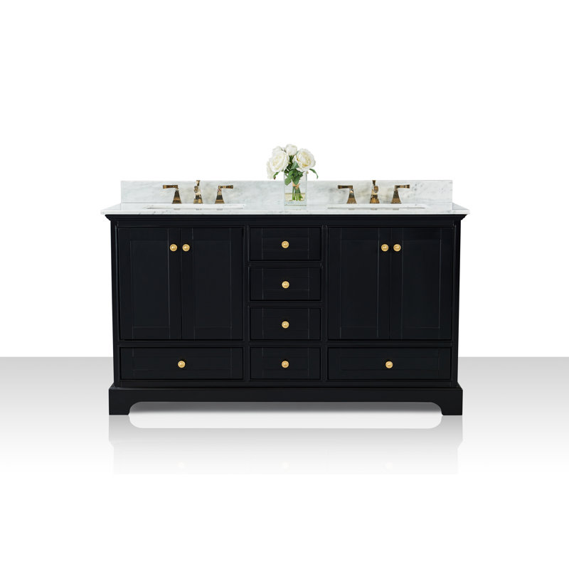 Audrey 66'' W Double Vanity, Black Onyx | Brushed Gold, Carrara White