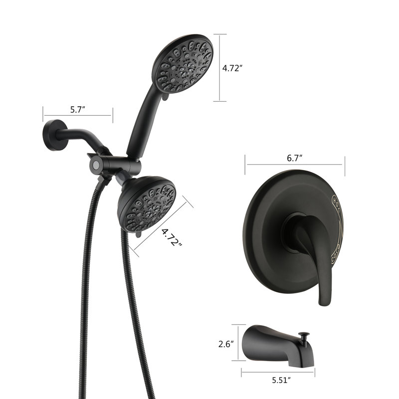Shower System With Tub Spout - Matte Black. Dual 2 In 1 High Faucet. 7 Spray Modes For Heavenly Shower. All Metal. 1.8 Gpm. 59" Hose Length. 1/2" Connection. Wall Mounted Rejuvenation.