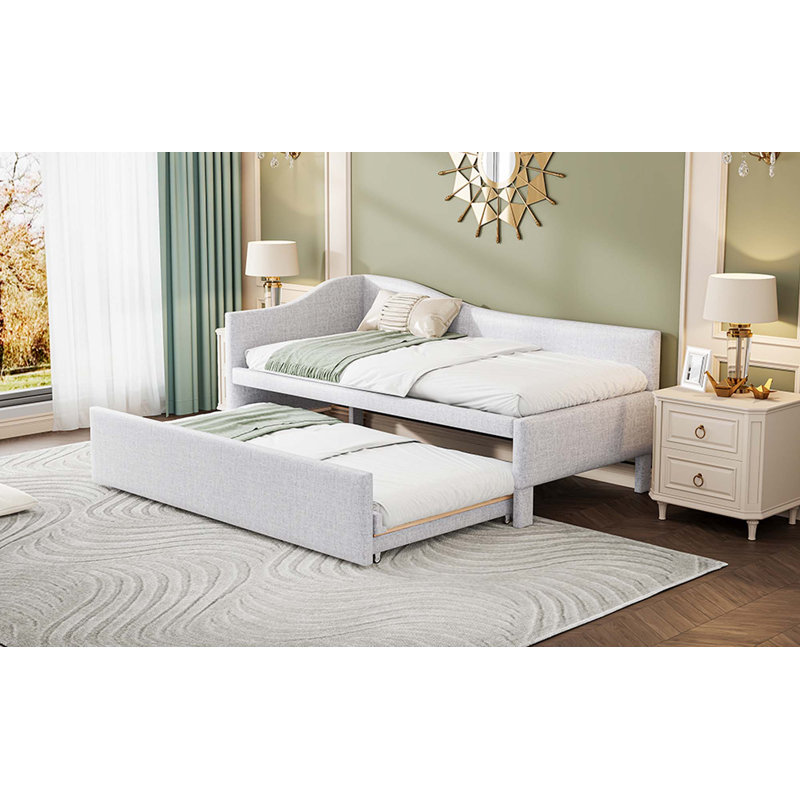 Lit de jour rembourré en L avec lit gigogne, Beige