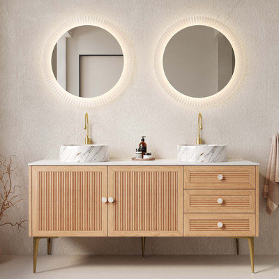 Meuble-lavabo 60 po avec 2 lavabos, 3 tiroirs et 2 portes, lavabo en céramique sans robinet, pré-assemblé