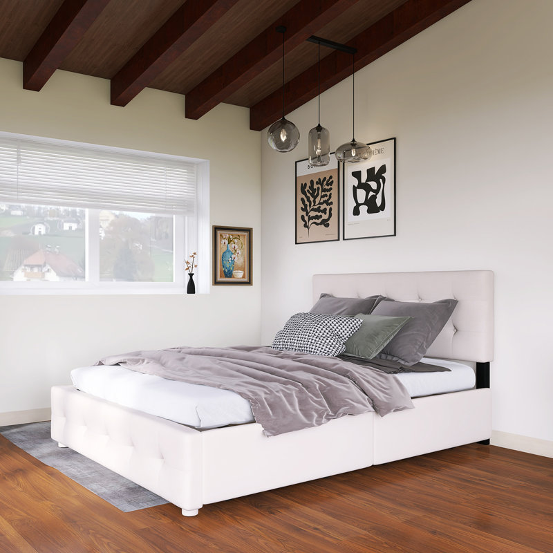Grand lit plateforme tapissier avec tête de lit capitonnée et 2 tiroirs de rangement, Beige