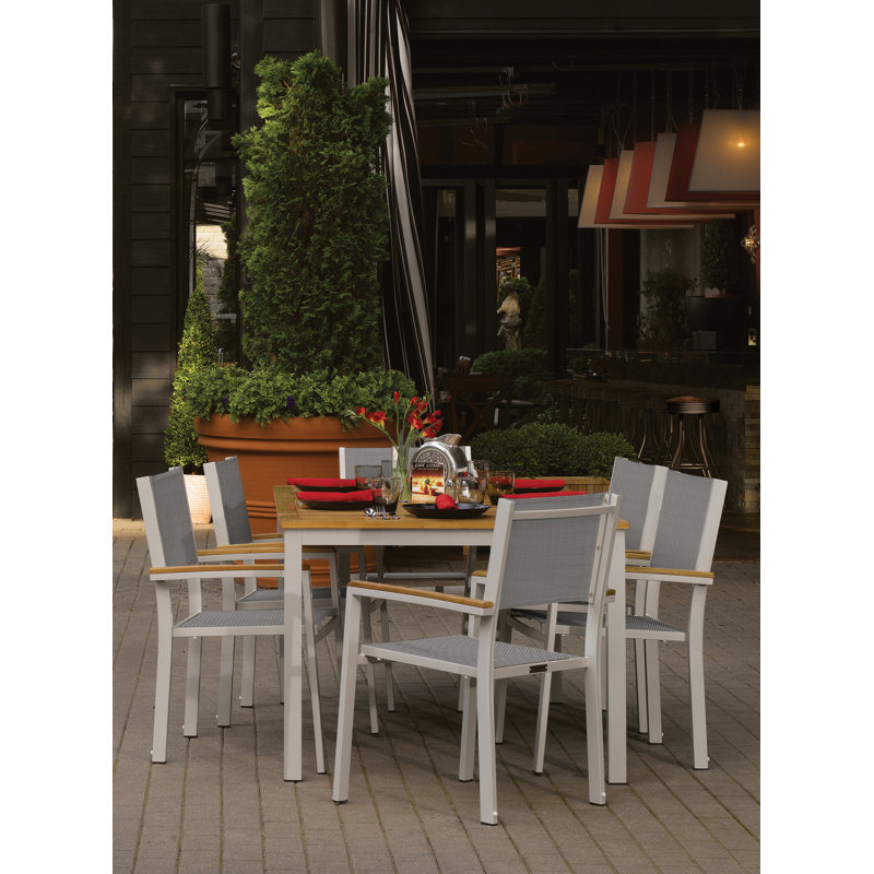 Travira Stacking Patio Arm Chair, Titanium Basketweave, Flint, Tekwood Natural