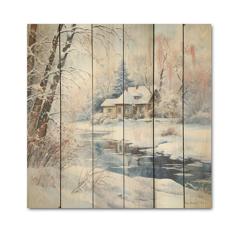 «Winter Charm At Country Home - Winter Landscape», art mural sur bois de pin naturel, H 15 po x l 15 po