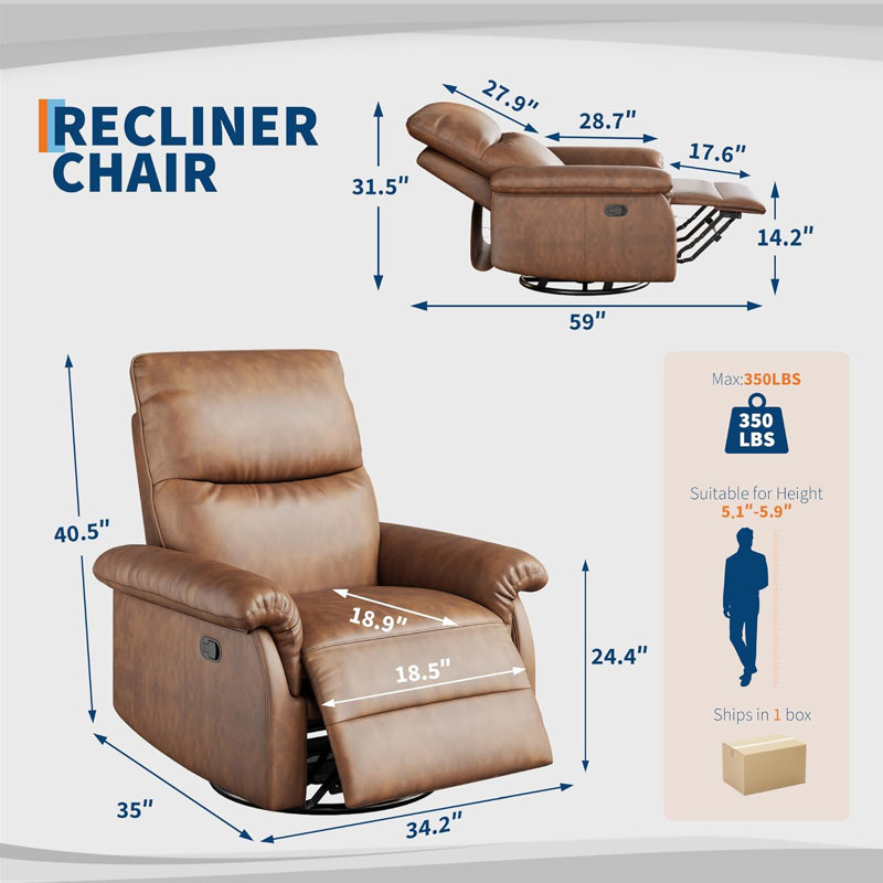 Swivel Rocking Nursery Recliner Chair Rocker Recliner Glider Deep Seat PU Leather Sofa Chair with high Backrest for Nursery, Living Room, Bedroom & Home Movie Theater