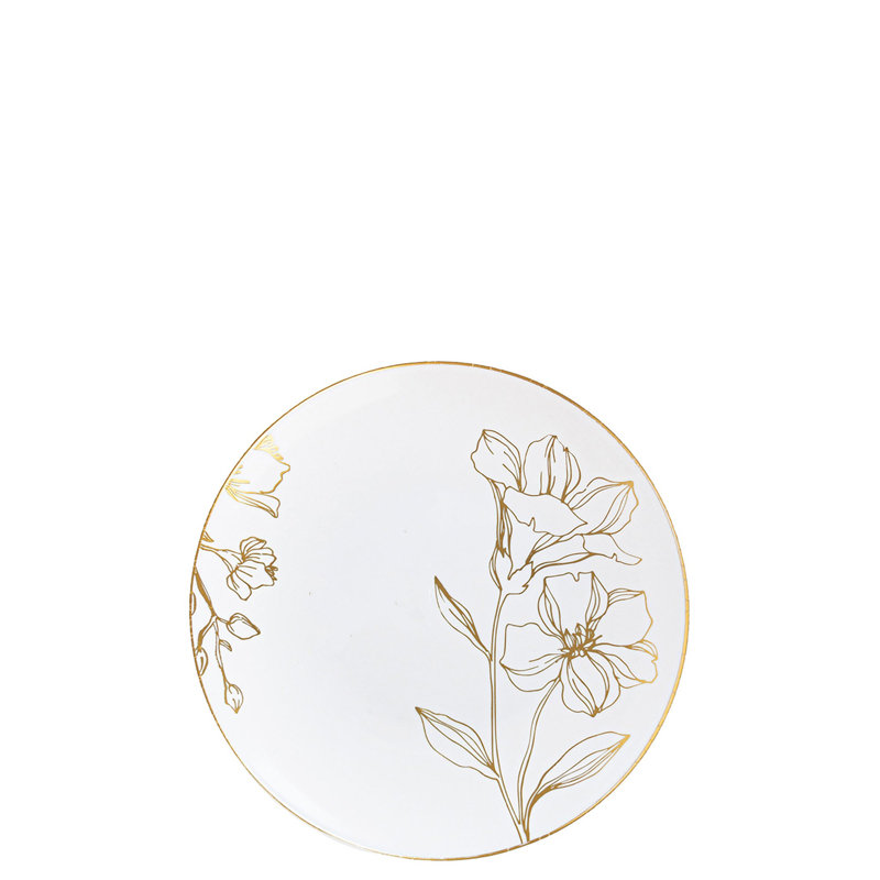 Assiettes en plastique blanches rondes 6 pouces Ecoqualité avec motif floral doré antique 30 invités