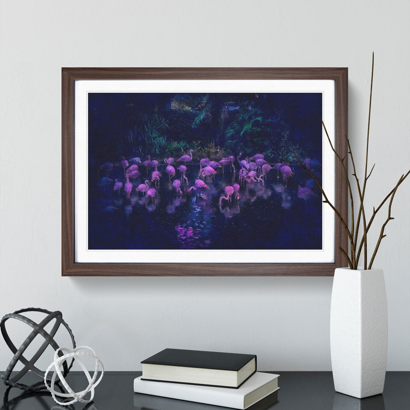 Neon Flamingos - Picture Frame Graphic Art Print, 62cm H x 87cm W x 2cm D, Walnut Framed
