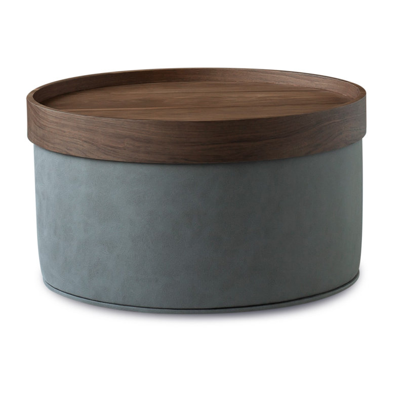 Celine 24" Wide Pouf A with Tray, Walnut, Gray Fabric 