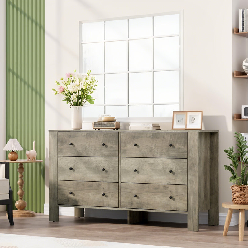 Commode 6 tiroirs avec boutons en métal, grande commode en bois de 50 po de largeur pour le salon de la chambre à coucher