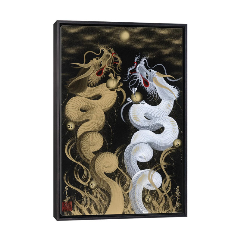 «Flying Twin Dragons» - reproduction, Toile avec cadre noir patiné, H 40 po x l 26 po x P 1,5 po