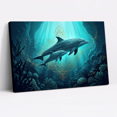 Art mural sur toile, "Deux dauphins avec mandala doré"