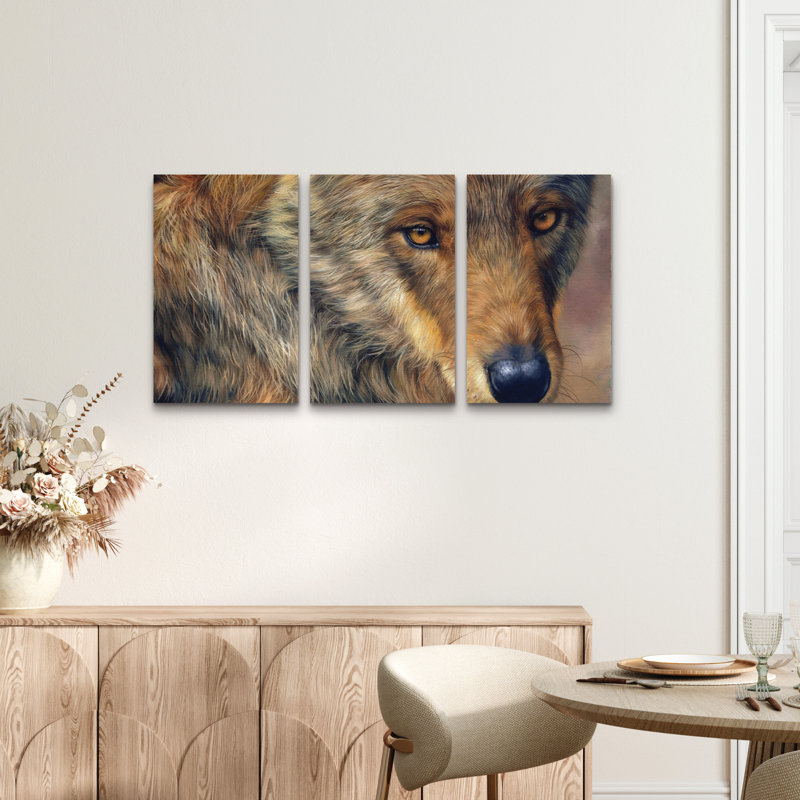 Ensemble de 3 panneaux muraux - David Stribble «loup portrait», art mural sur toile pour le salon, la chambre à coucher ou le bureau 