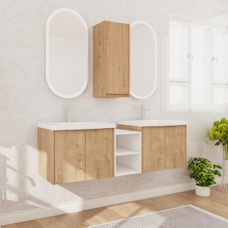 Meuble-lavabo double mural avec plateau en résine, meuble-lavabo flottant avec 4 portes et armoire latérale, 60"