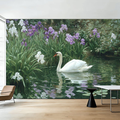 Peel and Stick Wallpaper White Swan Floral Elegant Swan Iris Flowers White Swan Spread Wings Wall Murals Removable PVC Wall Paper Self-Adhesive Wall Decor for Bedroom Living Room Home Office