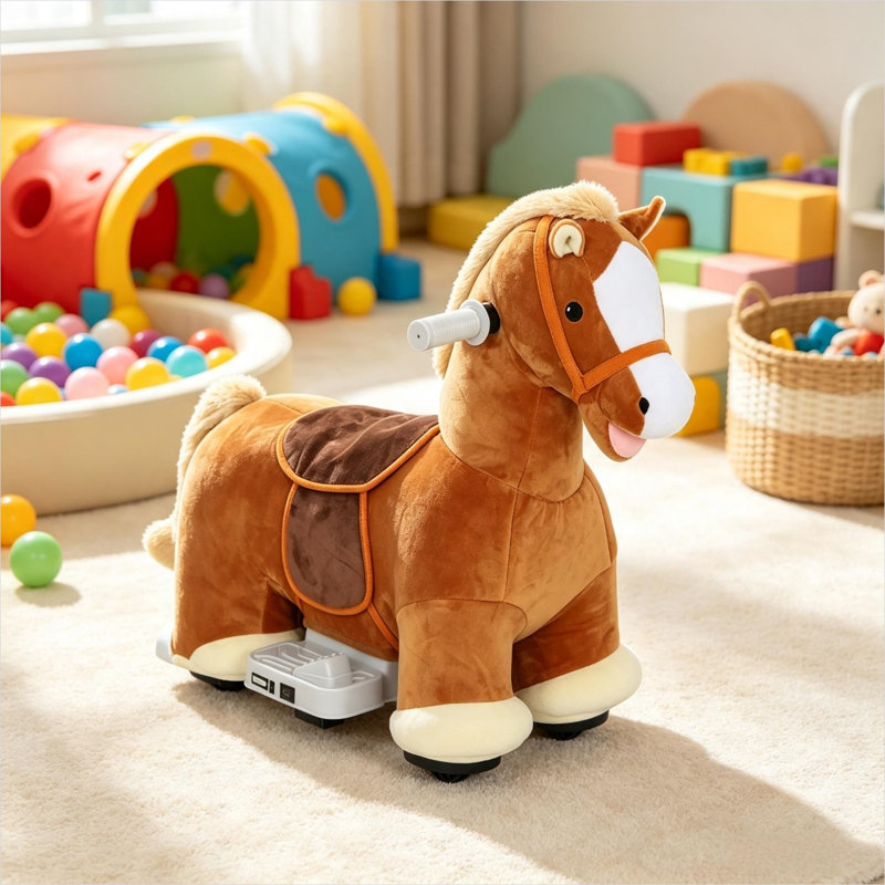 Cheval d'intérieur et musical pour enfant en bas âge - Poney à piles 6V avec peluche, copain et roues silencieuses - Brun