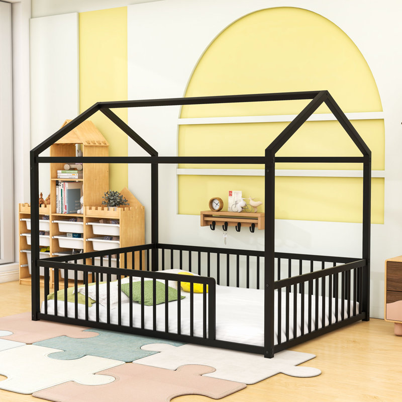 Metal Floor Bed With House Shaped And Fence, Black, Full
