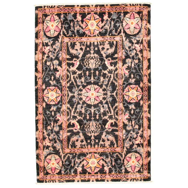 Tapis noir / rose en laine noué à la main Deluna