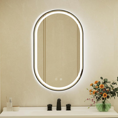 Miroir de salle de bain 22 "x 36 pouces à cadre ovale noir avec lumières DEL