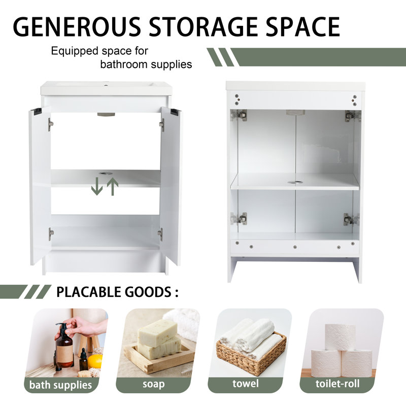 Meuble-lavabo autoportant de 24 po avec lavabo en résine, portes à fermeture en douceur, Glossy White