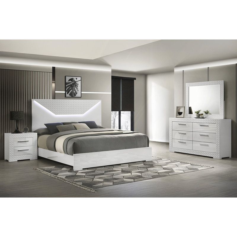 Lit moderne, lit de style fabriqué avec tête de lit à DEL et bois blanc