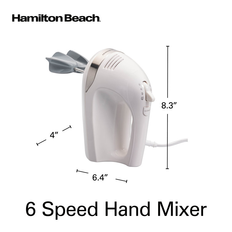 6-Speed Electric Hand Mixer Whisk Traditional Beaters Snap-On Storage Case  White