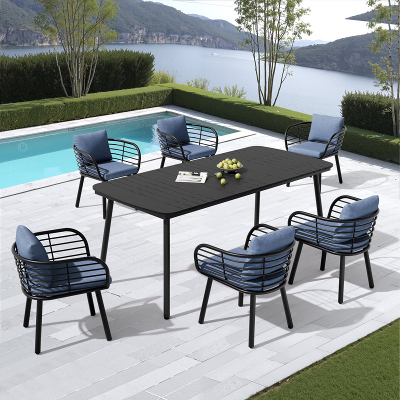 6 - Person Oval Outdoor Dining Set With Cushions, Blue, Black