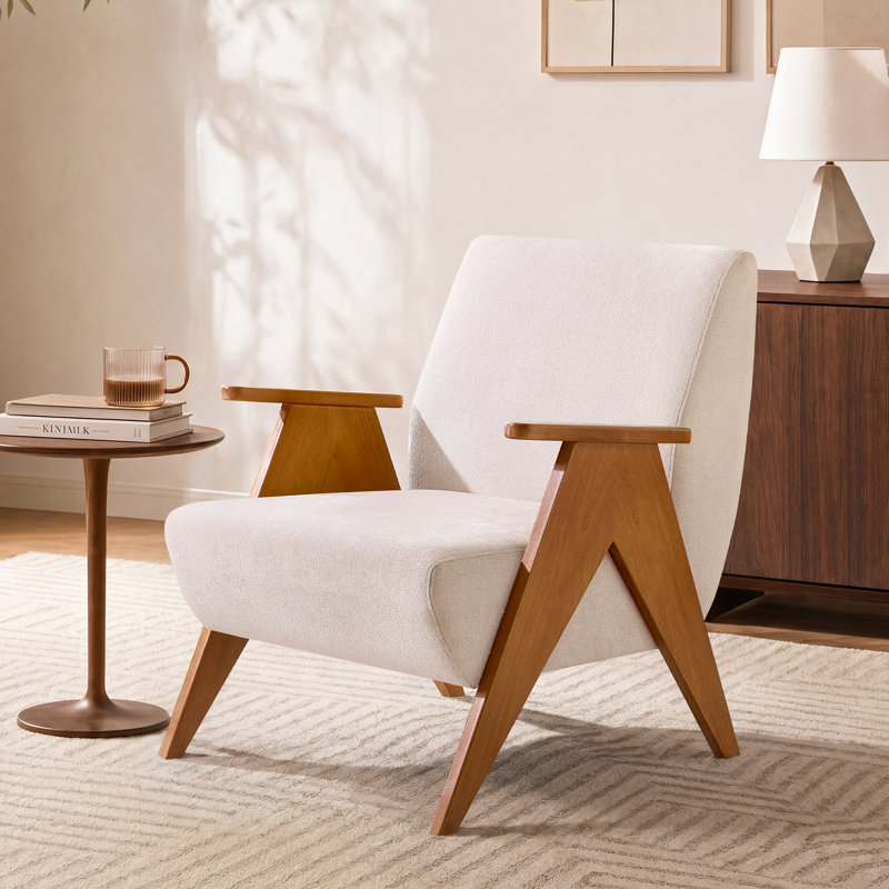 Mid-Century Modern Accent Chair With Sculptural Wood Arms, Beige